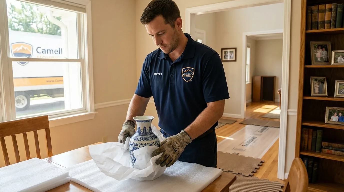 Professional crew carefully wrapping antique vase for senior downsizing move in Millers Creek, NC